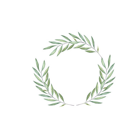 Watercolor painted wreath with olive branches.の写真素材