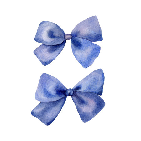 A set of satin blue bows. Watercolor hand painted decorative illustration. Isolated elements on a white background. For design, greeting cards, invitations, decor.の写真素材