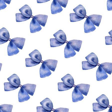 Seamless pattern with delicate blue satin bows. Watercolor hand painted decorative illustration. Isolated element on a white background. For design, gift decoration, packaging, textile.の写真素材