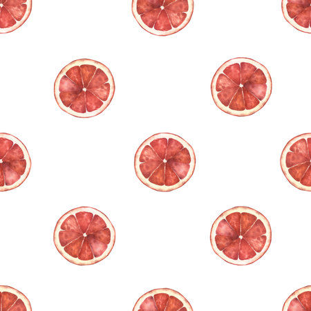 Seamless watercolor pattern with dried red orange slices. Isolated element on a white background....