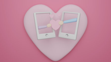 3d illustration valentine phone screen through heart coupleの写真素材