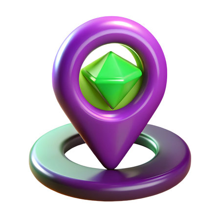 3d render of map pin with green cube on white background.の素材
