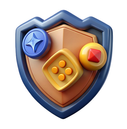 3d rendering of shield with game dice isolated on white background.の素材