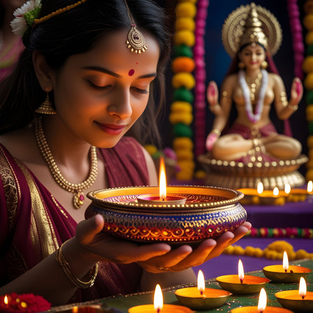 Beautiful Indian woman lighting diwali diya in a bowlの素材