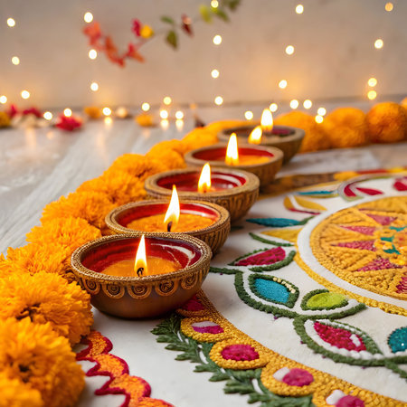 Indian festival Diwali, Diya oil lamps lit on colorful rangoli. Happy Deepavali. Copy space for text.の素材