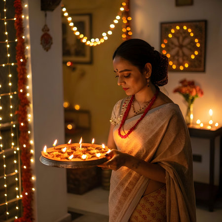 Beautiful indian woman holding a tray with food in her handsの素材
