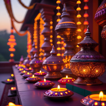 Burning candles in a Buddhist temple during Diwali celebration.の素材