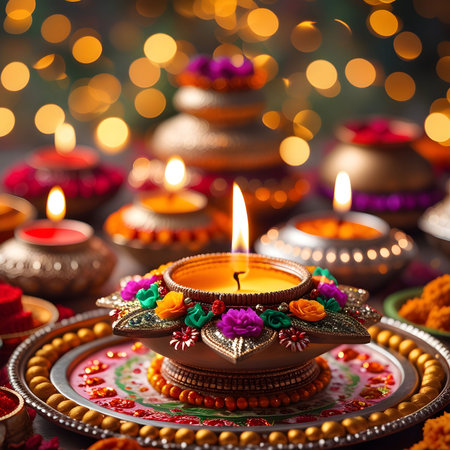 Indian festival Diwali, Diya oil lamps lit on colorful rangoli. Happy Deepavali. Copy space for text.の素材