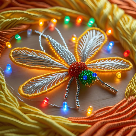 Close-up of a colorful butterfly made of threads on a wooden backgroundの素材