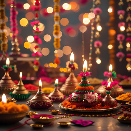 Indian festival Diwali, Diya oil lamps lit on colorful rangoli. Happy Deepavali. Copy space for text.の素材