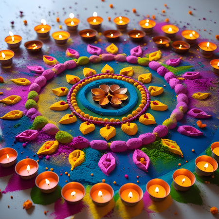 Indian festival Diwali, Diya oil lamps lit on colorful rangoli. Hindu traditional.の素材