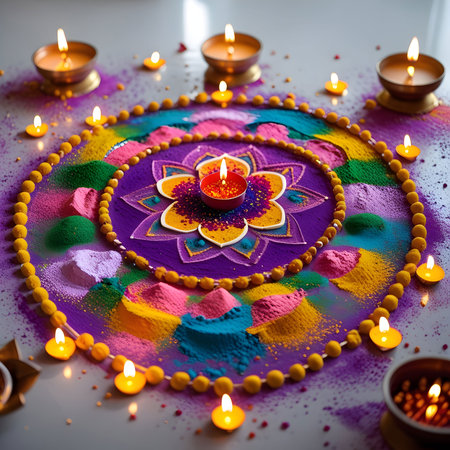 Beautiful diya on colorful rangoli for Diwali celebrationの素材