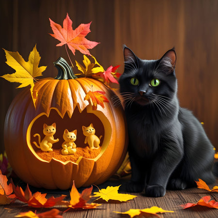 Black cat and cat in halloween pumpkins on wooden backgroundの素材