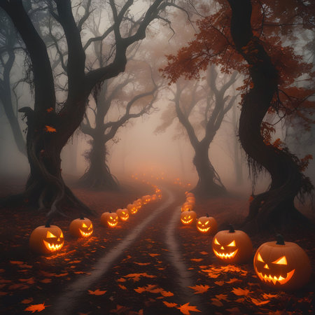 Halloween background with scary pumpkins in a misty forest.の素材