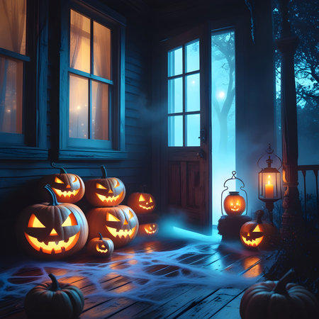 Halloween pumpkins on the porch of the house. 3D renderingの素材