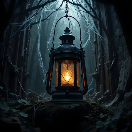 Lantern in the dark forest. Halloween concept. 3D Renderingの素材
