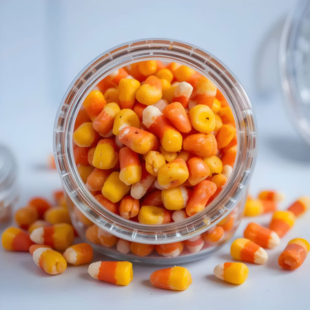 Candy corn in a glass jar on a white background. Selective focus.の素材