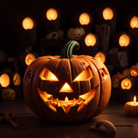 Halloween pumpkins with candles on dark background, 3d renderの素材