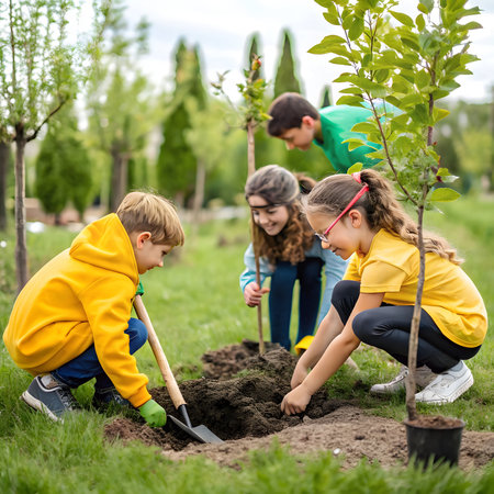 Group of children planting trees in the garden. Selective focus.の素材