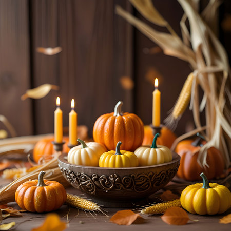 Autumn still life with pumpkins, corn and candles on wooden backgroundの素材