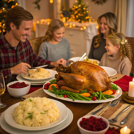 Happy family having christmas dinner together at home in the living roomの素材