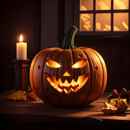 Halloween pumpkins and candles on wooden background. 3d renderingの素材