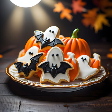 Halloween homemade gingerbread cookies with pumpkins and bats on wooden tableの素材