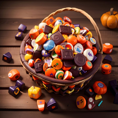 Halloween candies in a basket on a wooden background. Toned.の素材