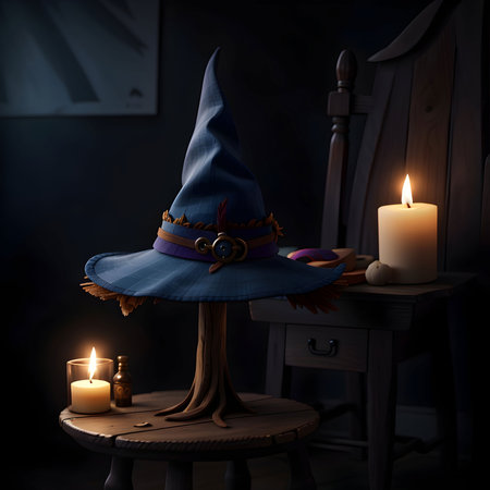 Witch's hat and candles in a dark room. Halloween conceptの素材