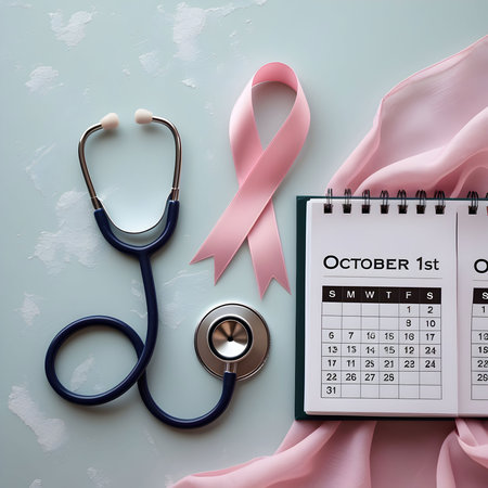 Breast Cancer Awareness Ribbon, Stethoscope and calendar on blue backgroundの素材