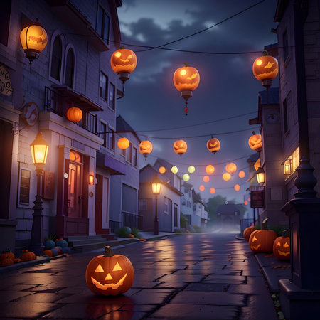 Halloween street with pumpkins and lanterns at night, 3d renderの素材
