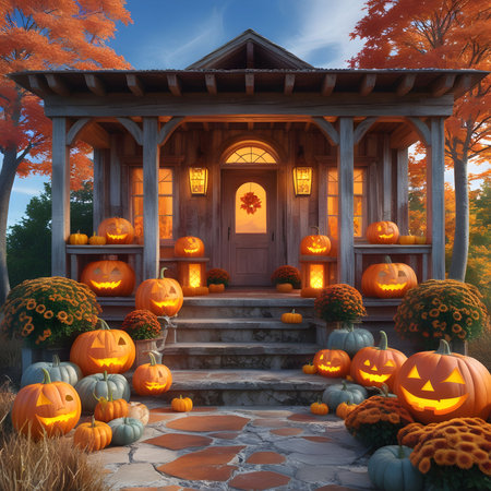 Halloween pumpkins in front of a wooden gazeboの素材