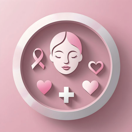 Breast cancer awareness concept with woman face and pink ribbon. Vector illustration.の素材