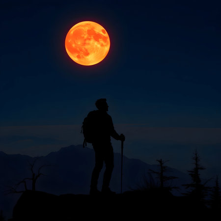 Silhouette of a man with a backpack on the top of the mountain against the background of the full moonの素材