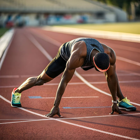 Athlete in starting position ready to run on athletic race trackの素材