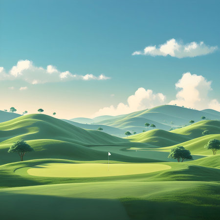 Beautiful golf course with green grass and blue sky. Vector illustration.の素材