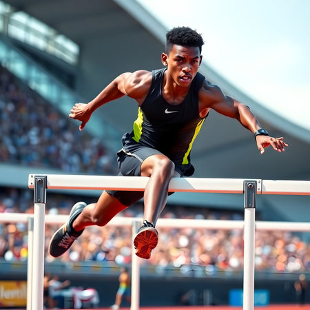 Athlete jumping over a hurdle in a track and field competitionの素材