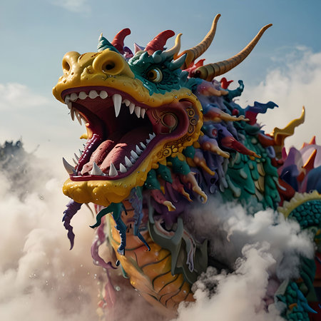 Colorful dragon statue in chinese temple, closeup of photoの素材