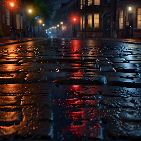 Night city street with wet asphalt and falling raindrops. 3d renderingの素材