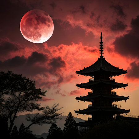 Silhouette of pagoda in front of the full moon.の素材