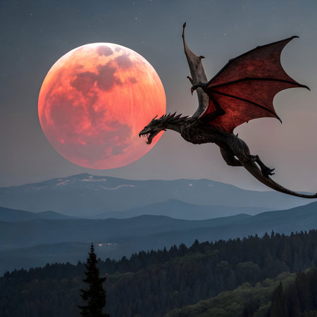 Fantasy dragon flying in the mountains at full moon. 3D illustrationの素材