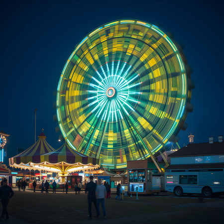 Amusement park with ferris wheel at night. Entertainment and recreation concept.の素材