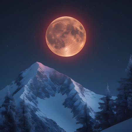 Fantastic red full moon over snowy mountains at night. 3D Renderingの素材