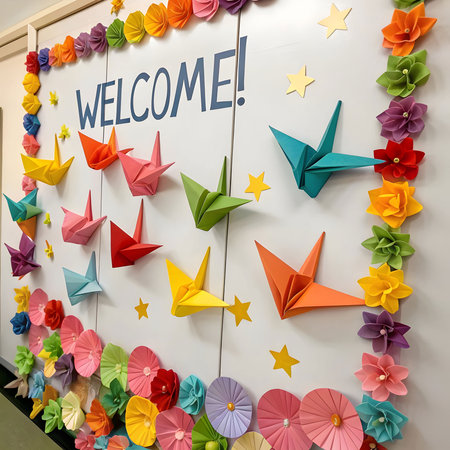 Colorful origami paper birds hanging on the wall with welcome signの素材
