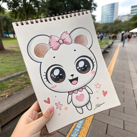 Hand holding a sketch of a cute teddy bear in a parkの素材