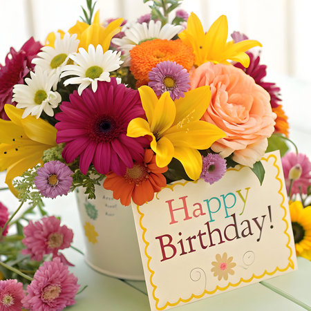 happy birthday card with colorful bouquet of gerberas and daisiesの素材