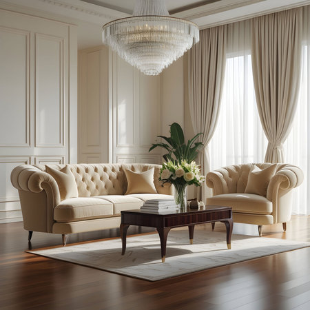 Luxury classic living room with beige sofa, armchairs, coffee table, parquet floor and curtains. 3d renderの素材