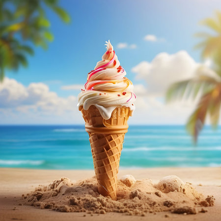 Ice cream in waffle cone on sandy beach with palm trees and sea backgroundの素材