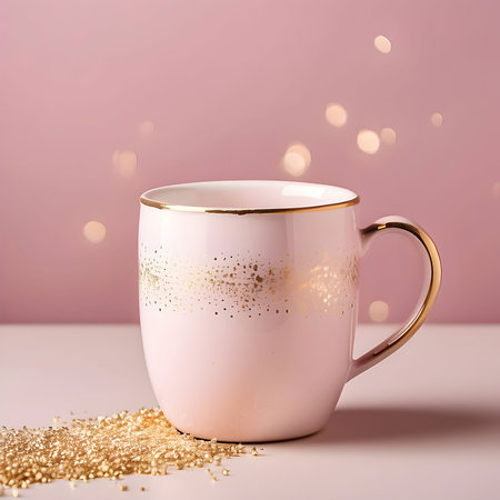 Cup of coffee with golden sparkles on pastel pink backgroundの素材