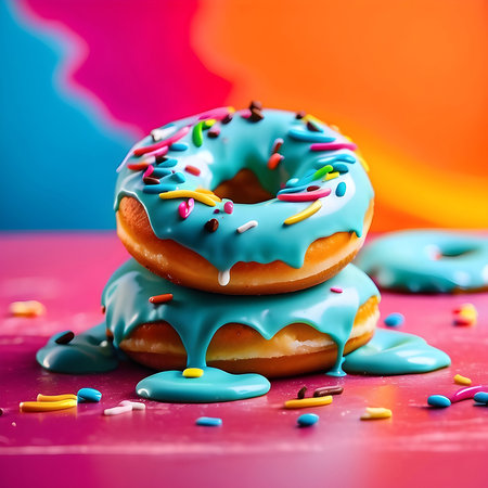 Glazed donuts with blue icing and colorful sprinkles on pink backgroundの素材